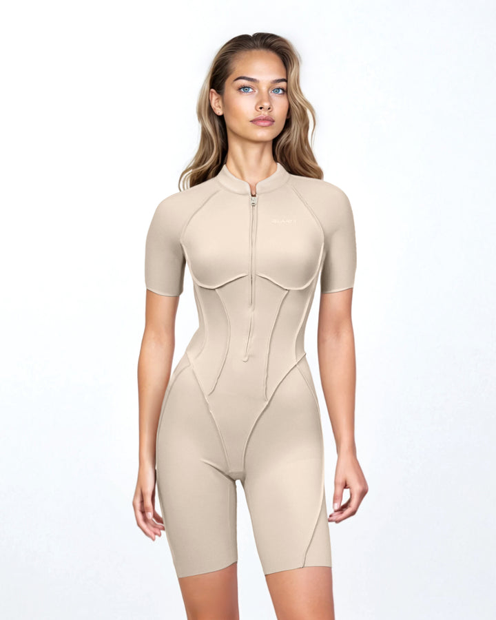 zip-front contour biker jumpsuit – SAND