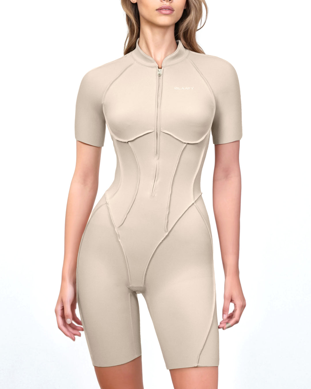zip-front contour biker jumpsuit – SAND