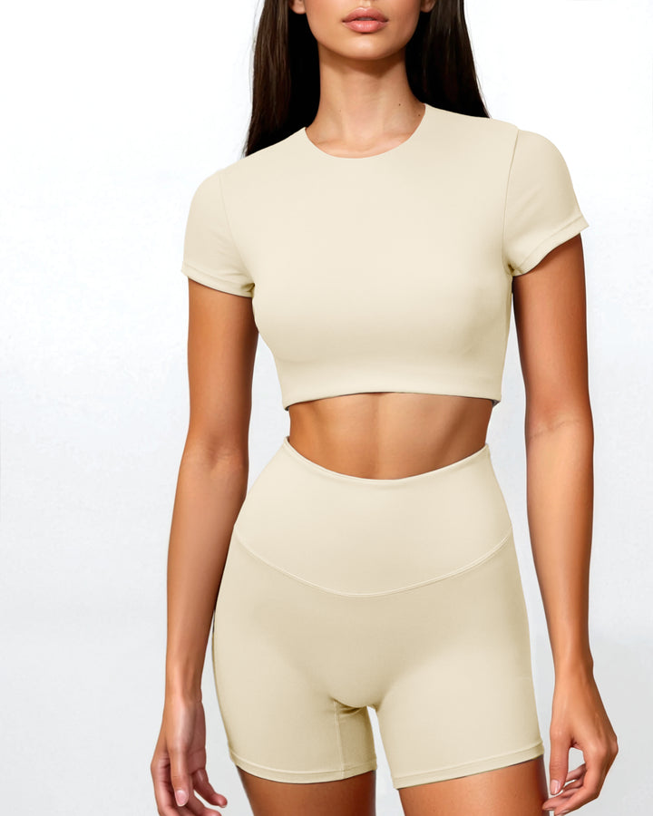 short-sleeve crop top & shorts set – STONE