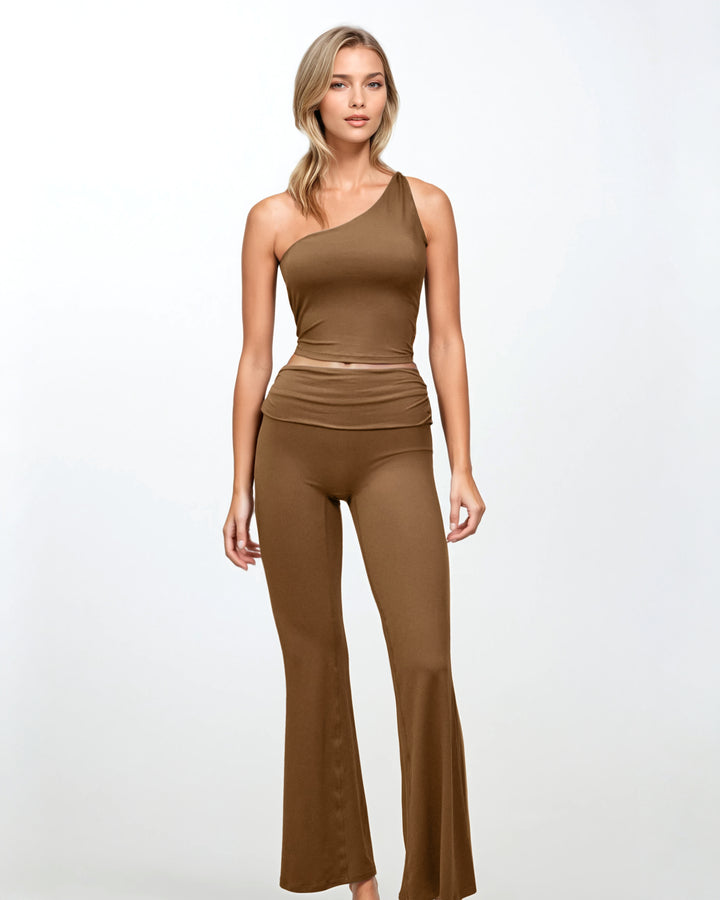 one-shoulder top & flared pants set – ESPRESSO