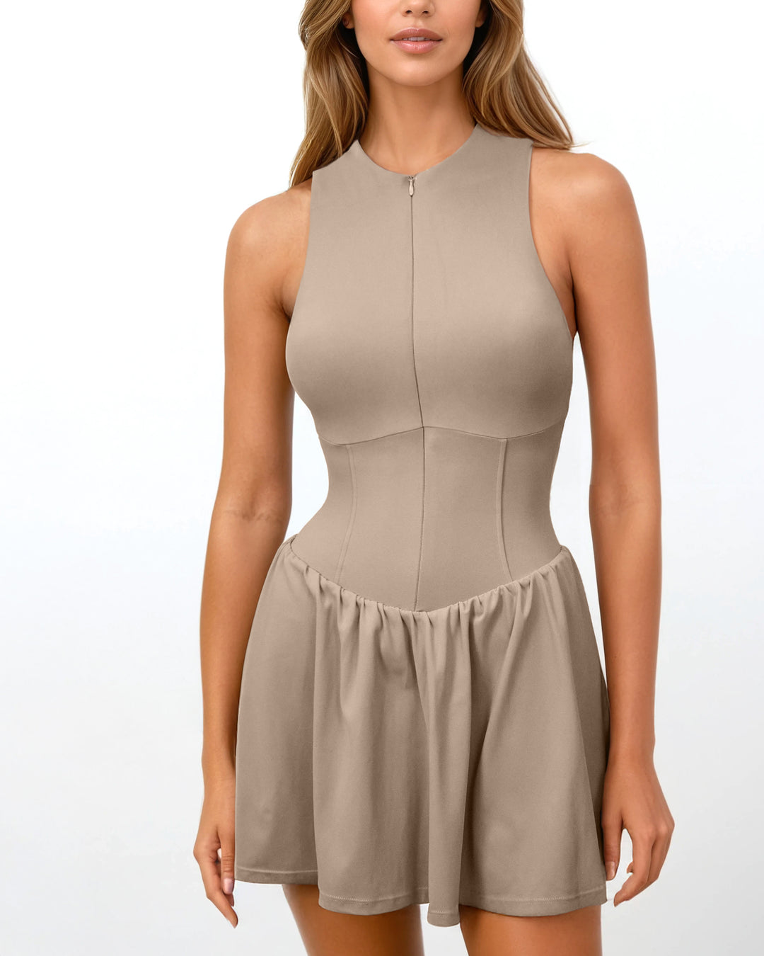 sleeveless zip-front mini dress – TAUPE
