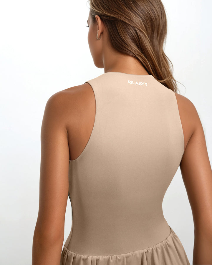 sleeveless zip-front mini dress – TAUPE