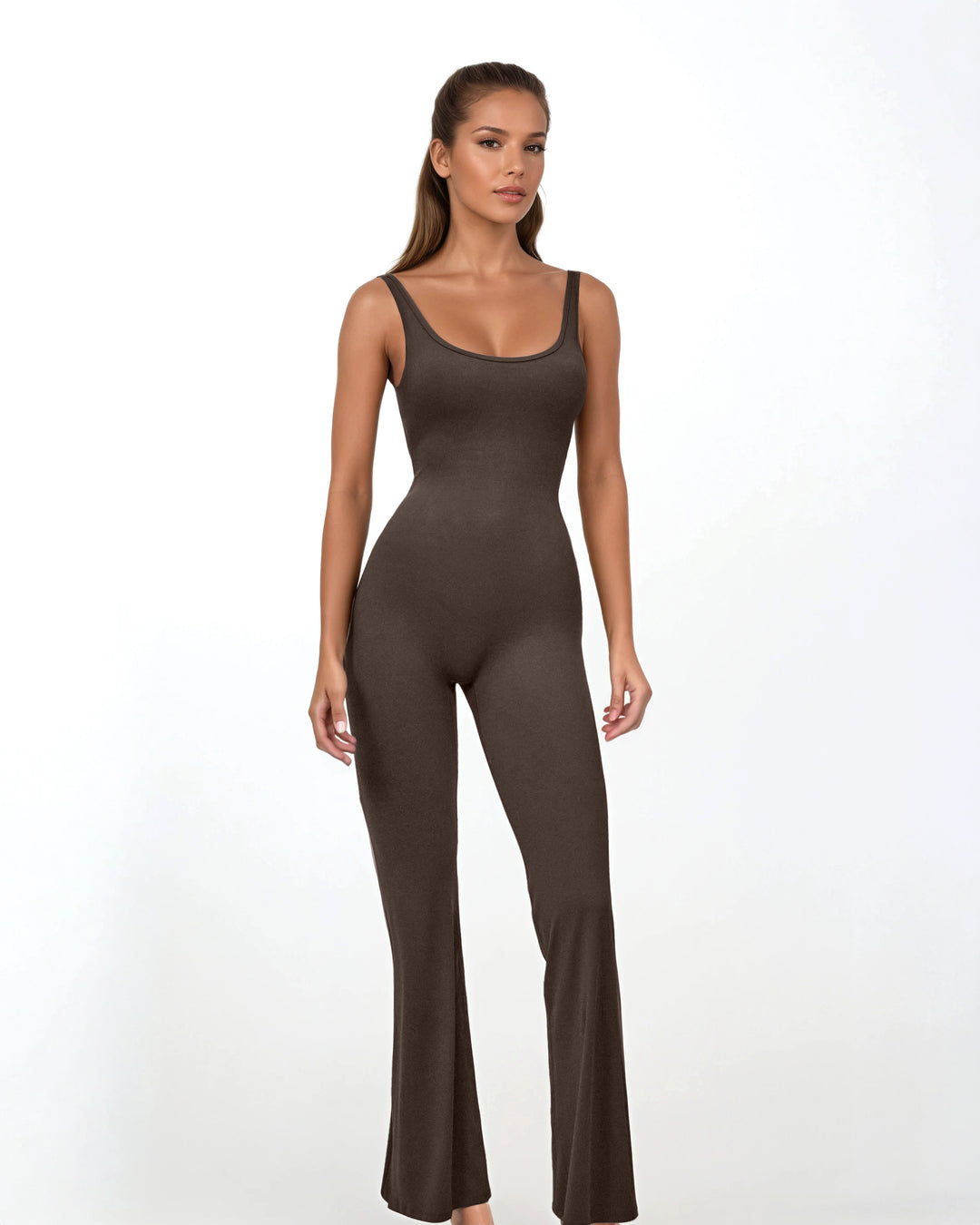 scoop-neck flared jumpsuit – ESPRESSO