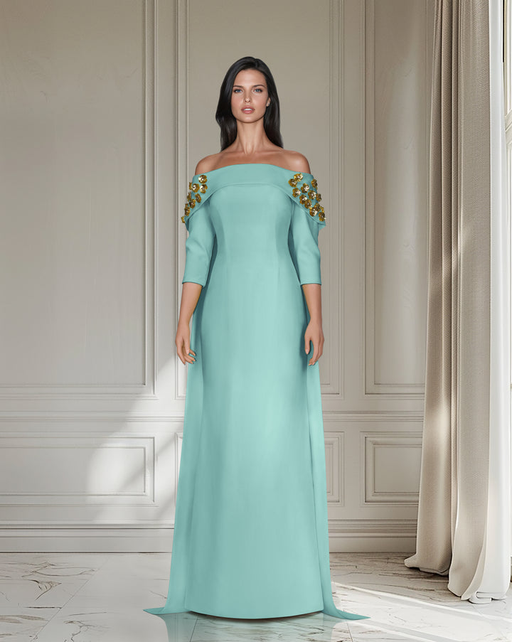 Strapless dress with back cape and 3D flowers - ZOSIME