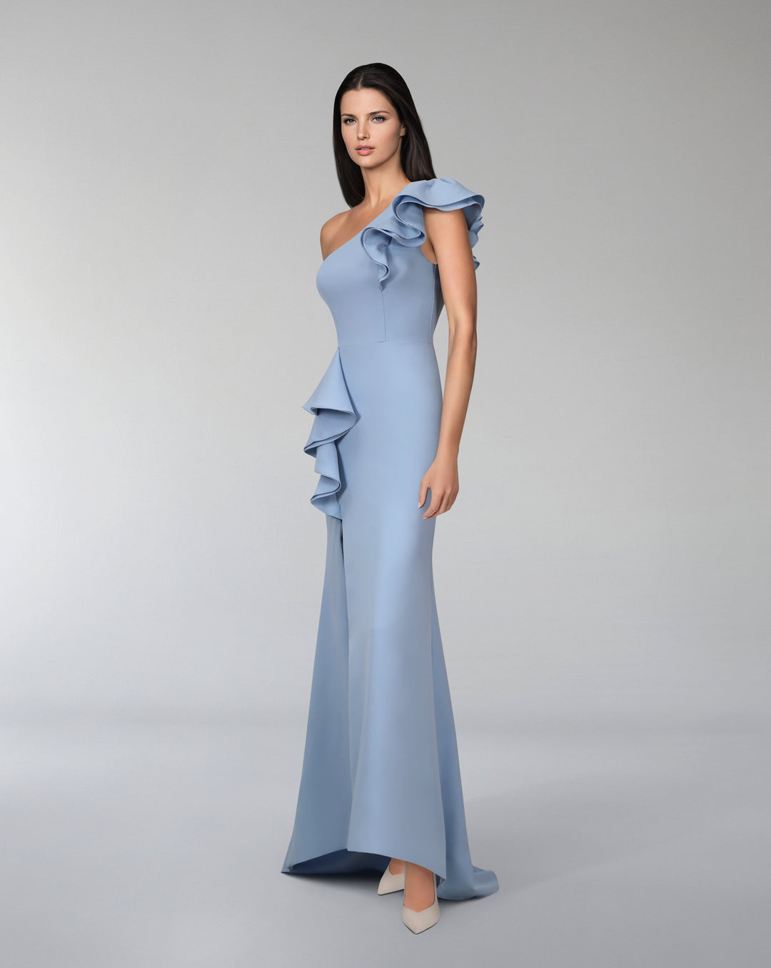 Shoulder off ruffle dress with slit - LOMAL