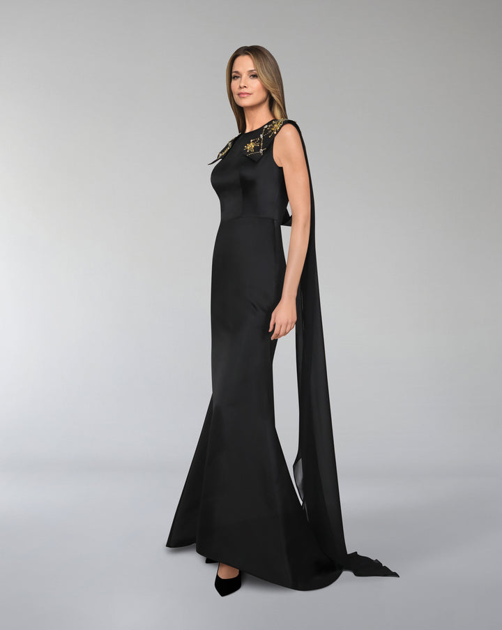 Sleeveless dress with beaded shoulder band and capes - LORAAH