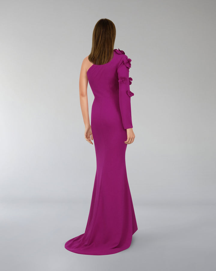 Shoulder off column dress with long sleeves and 3D Flowers - ZMARAK