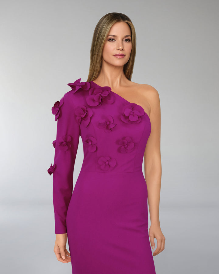 Shoulder off column dress with long sleeves and 3D Flowers - ZMARAK