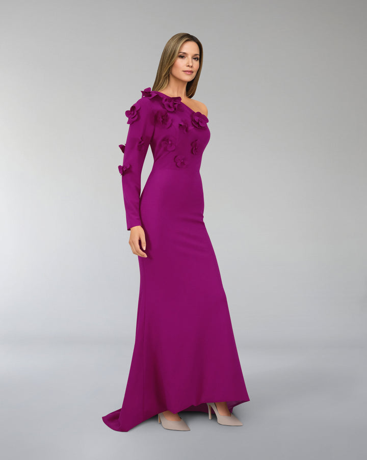 Shoulder off column dress with long sleeves and 3D Flowers - ZMARAK