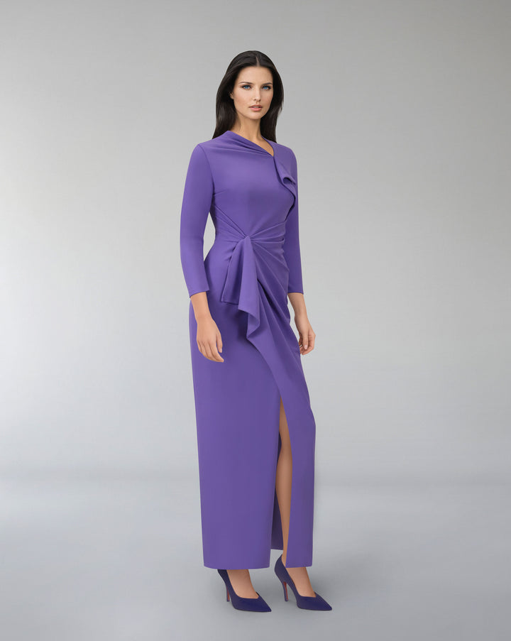 Asymmetrically draped dress with front slit - KEVEY