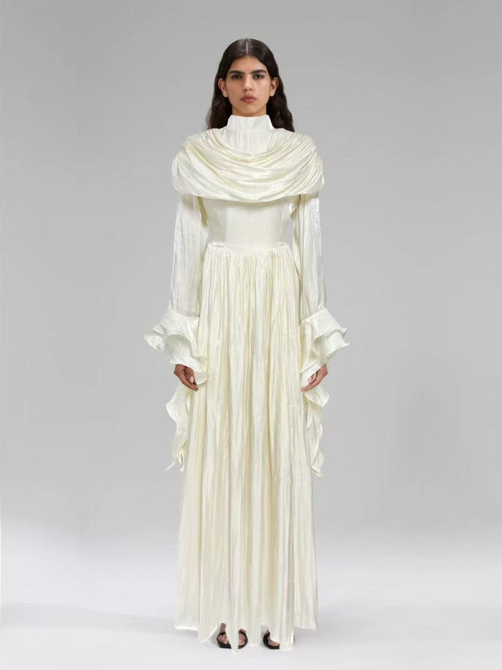 Plissiertes Oberteil mit ausgestellten Ärmeln und Maxirock-Set mit Taillengürtel – Rosiny 