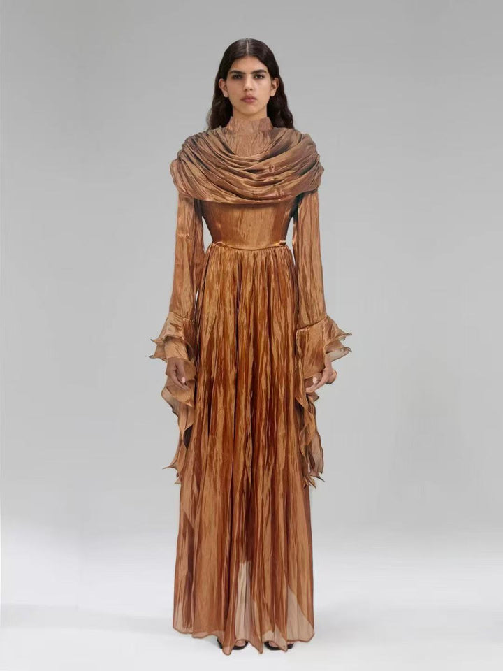 Plissiertes Oberteil mit ausgestellten Ärmeln und Maxirock-Set mit Taillengürtel – Rosiny 