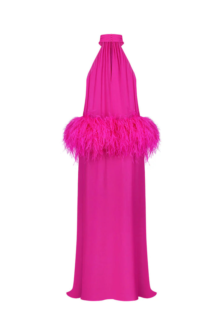 halter chiffon gown with feather trim – FIORELLA