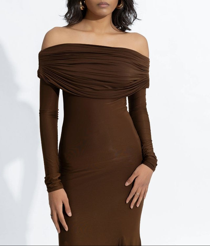 off-shoulder draped jersey gown – COCO