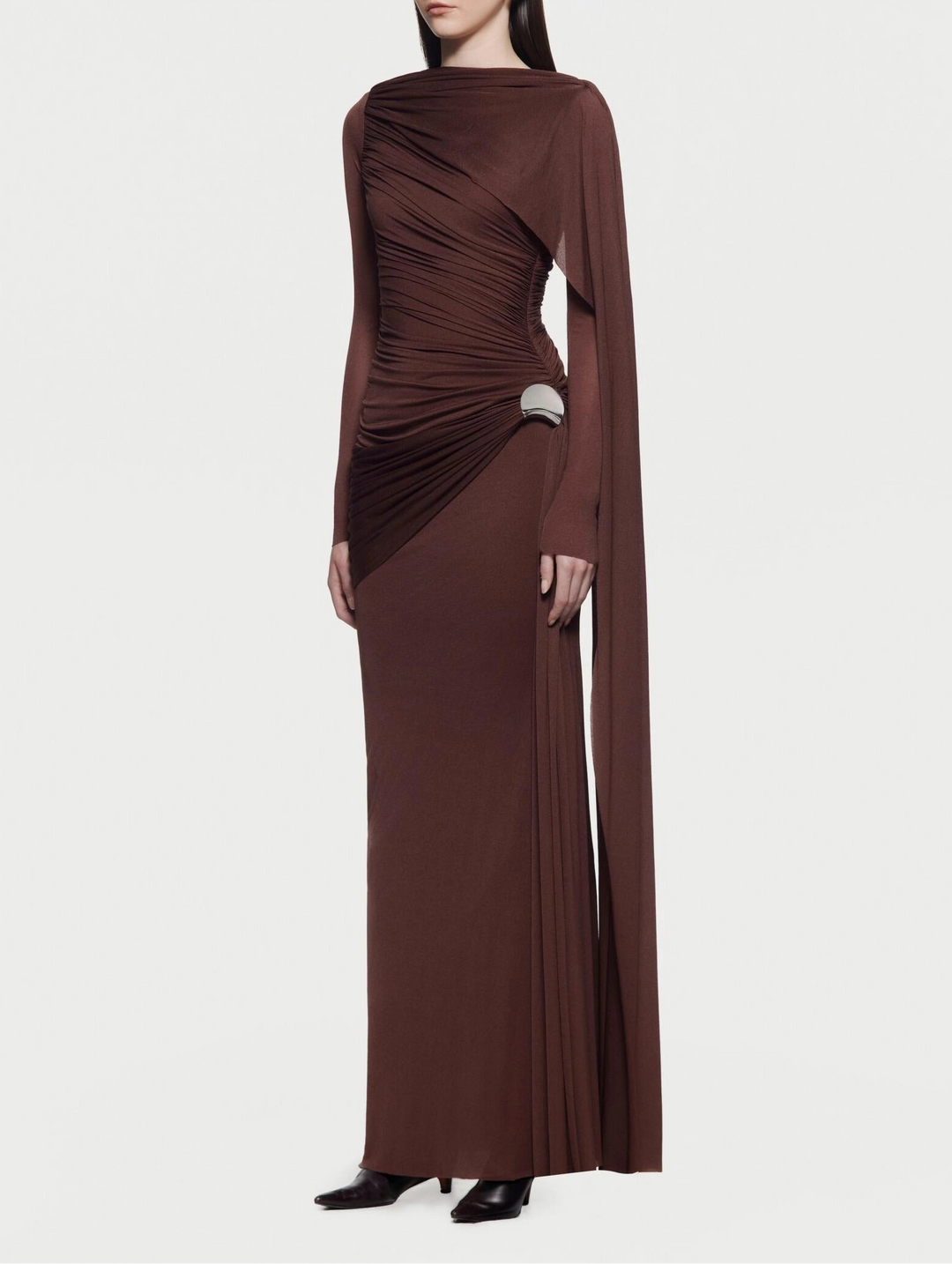 Asymmetric draped long-sleeve gown – BLUSHIA
