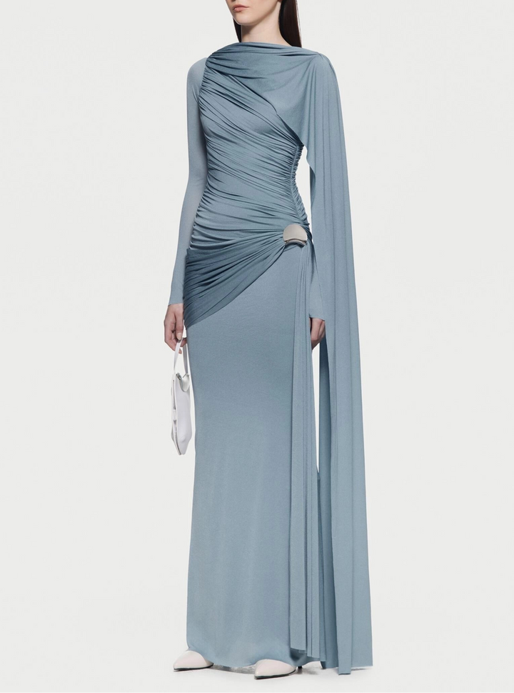 Asymmetric draped long-sleeve gown – BLUSHIA