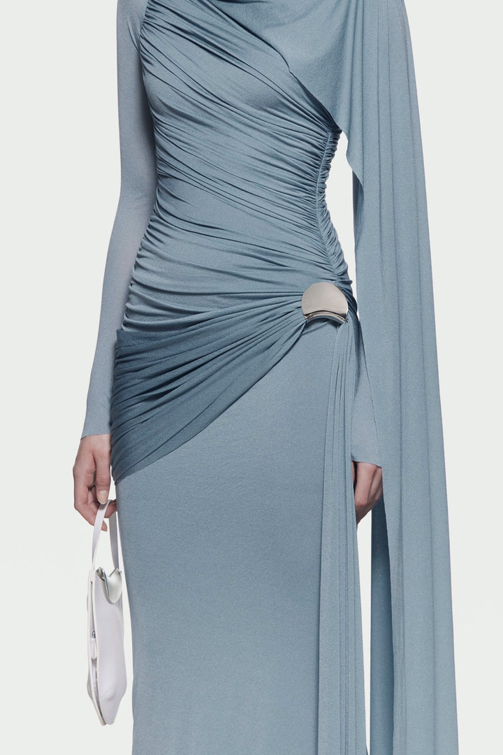 Asymmetric draped long-sleeve gown – BLUSHIA