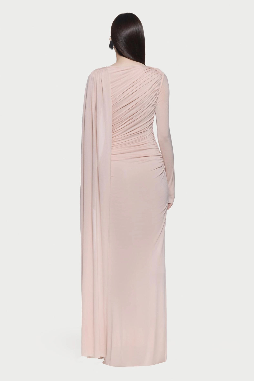 Asymmetric draped long-sleeve gown – BLUSHIA