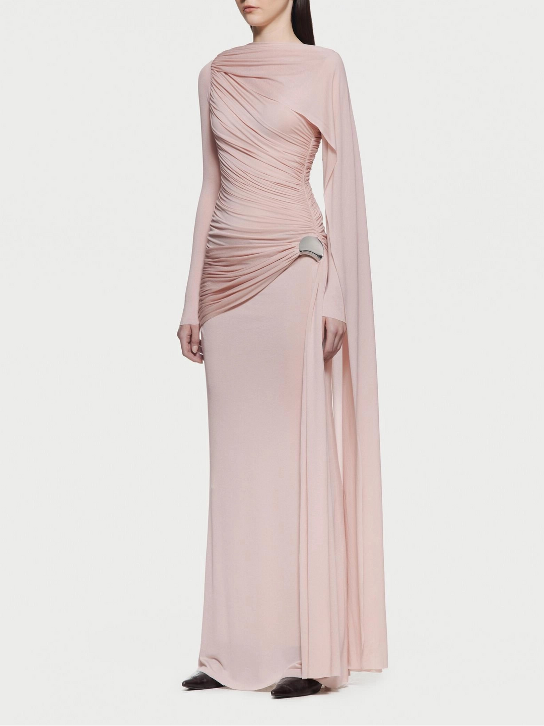 Asymmetric draped long-sleeve gown – BLUSHIA