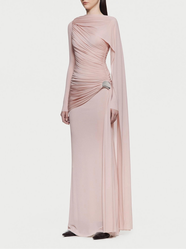 Asymmetric draped long-sleeve gown – BLUSHIA