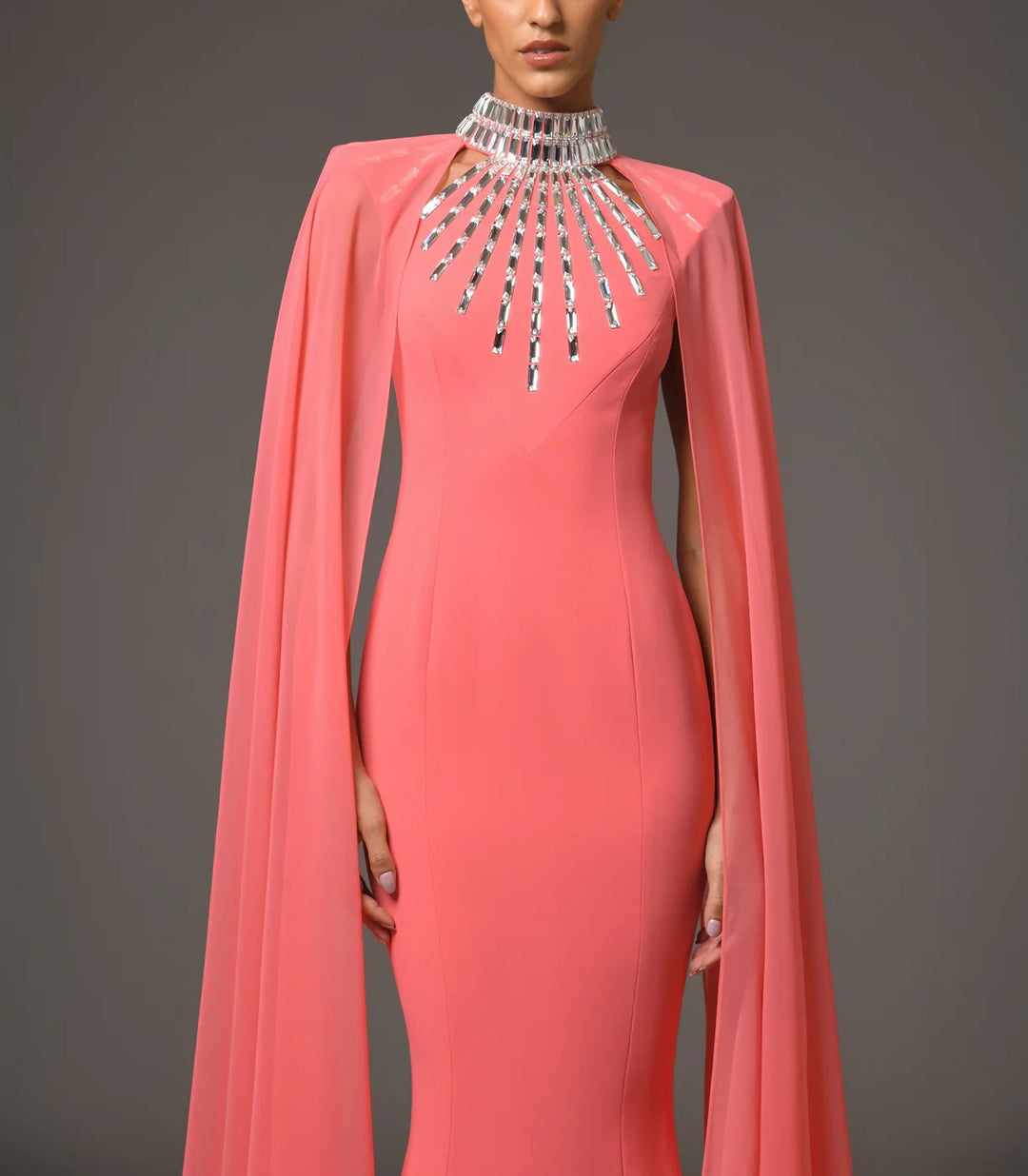 embellished cape-sleeve gown with sculpted neckline – AURORA