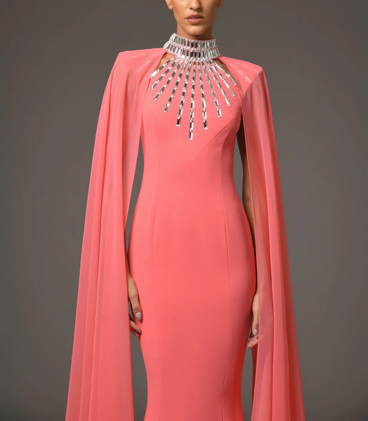 embellished cape-sleeve gown with sculpted neckline – AURORA