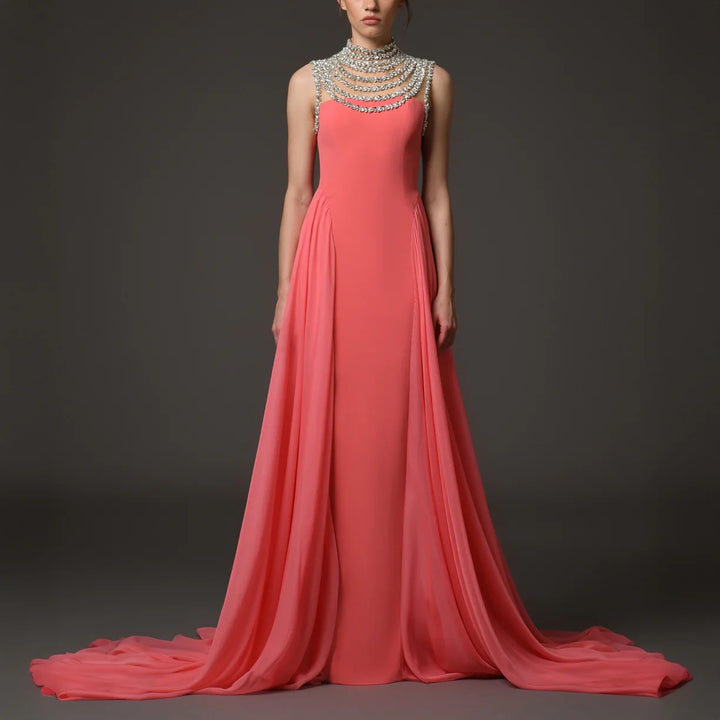 embellished halter gown with layered chiffon drape – CORALINE