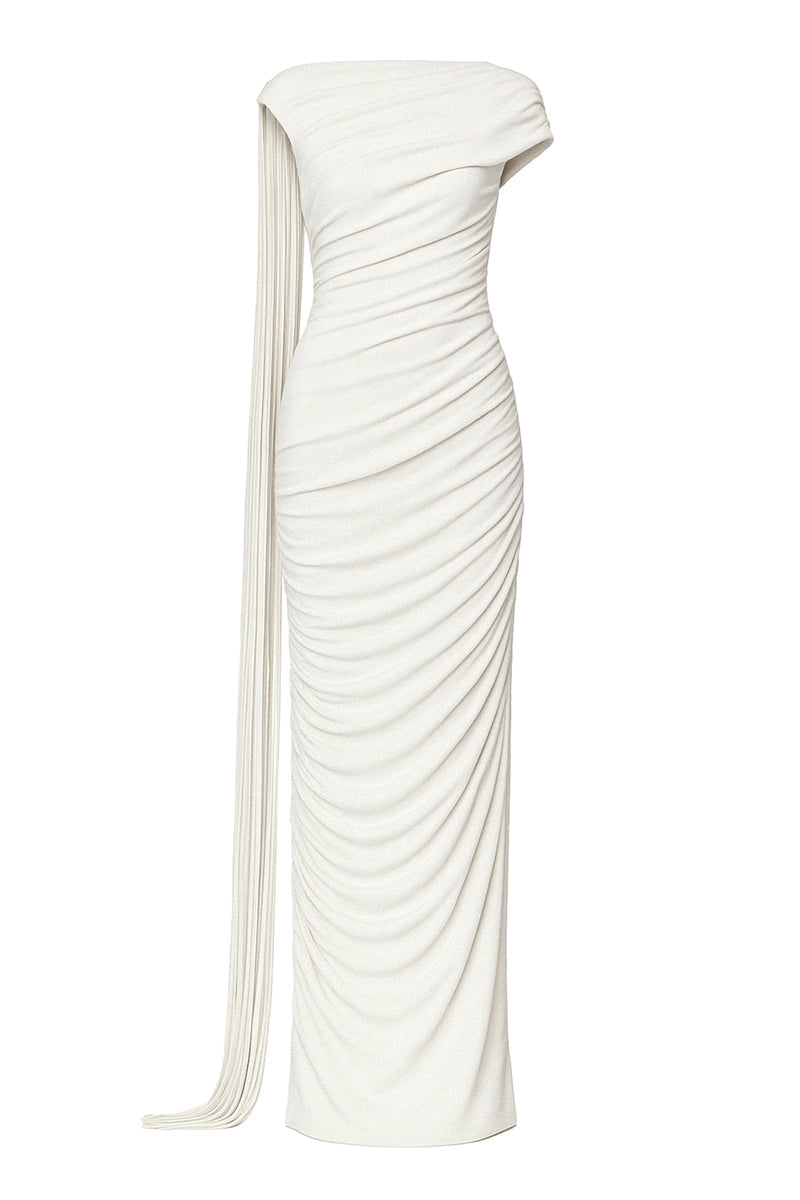 ruched asymmetric gown with draped detailing – KALICIA
