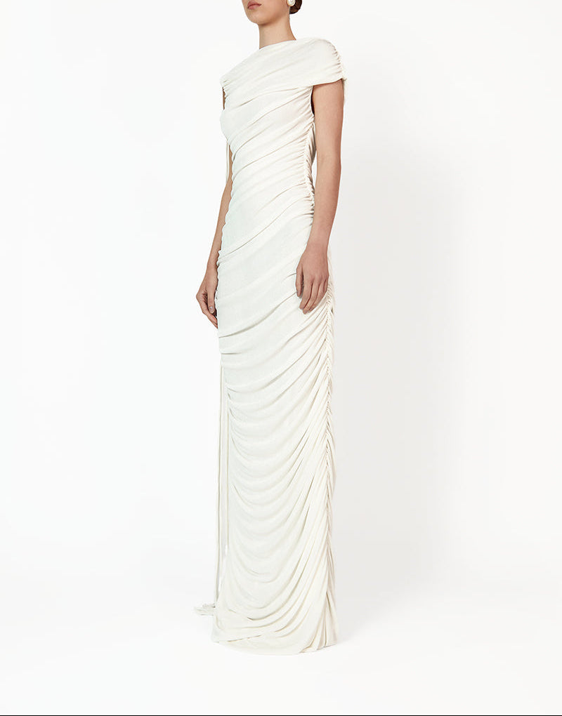 ruched asymmetric gown with draped detailing – KALICIA