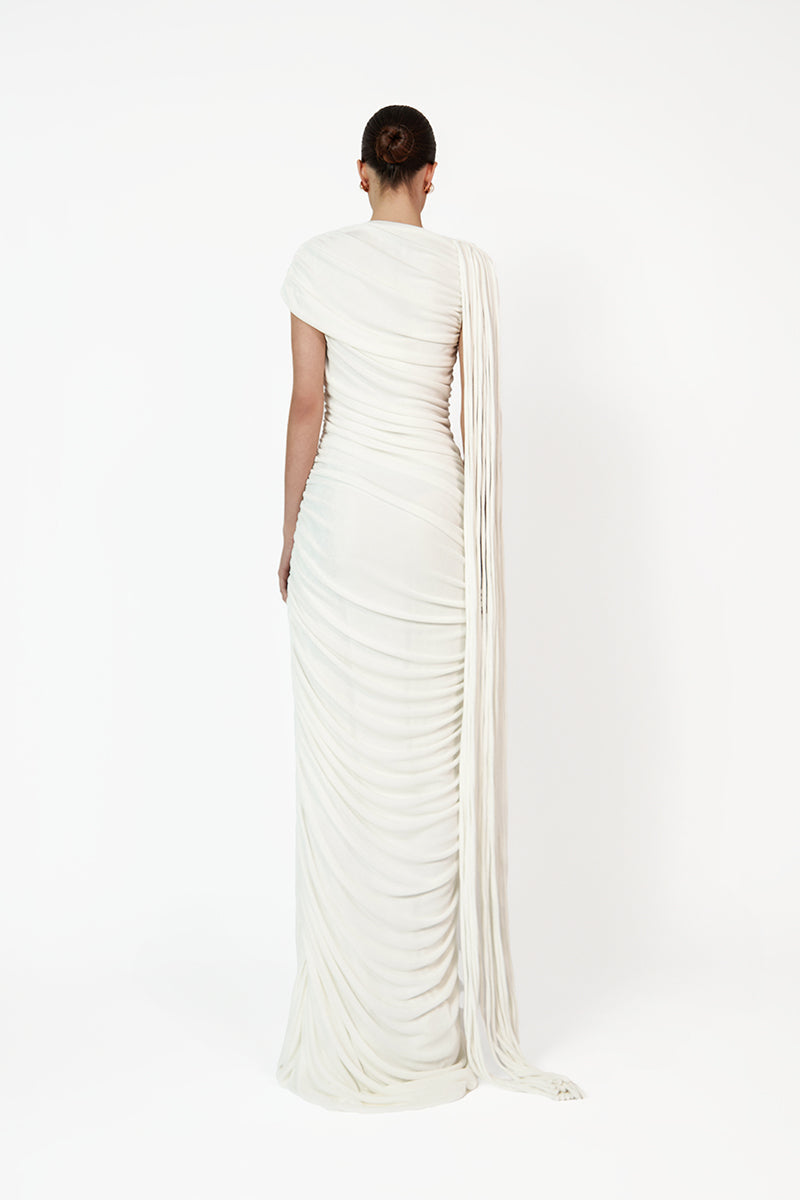 ruched asymmetric gown with draped detailing – KALICIA