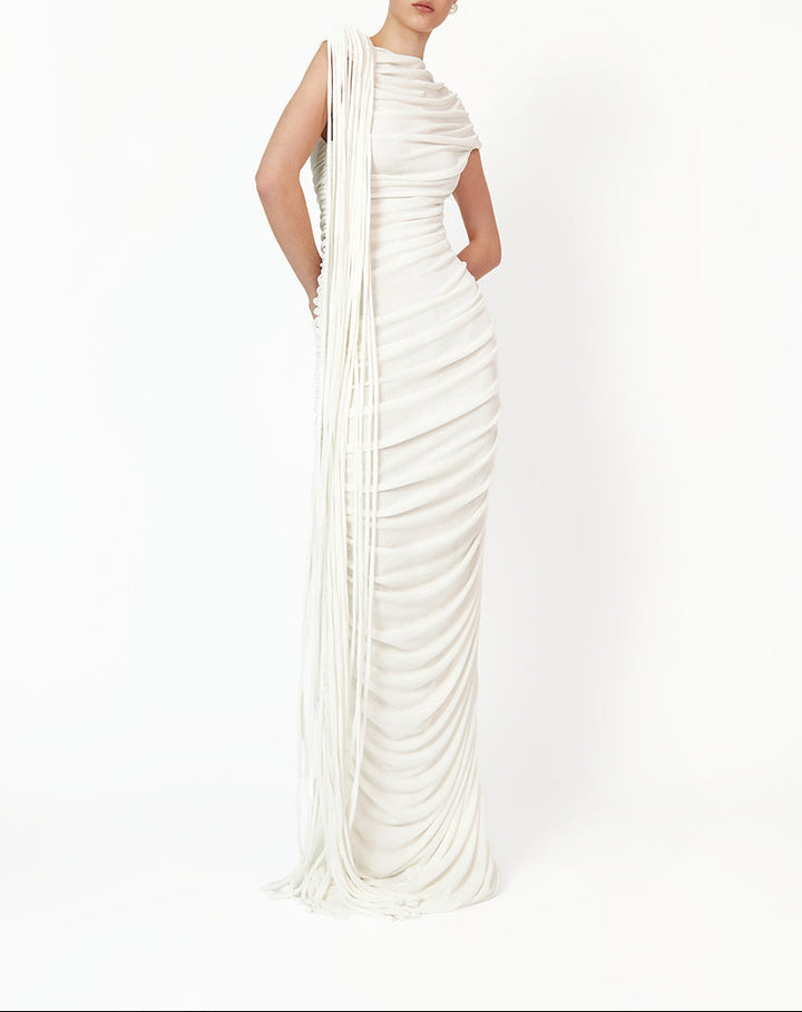 ruched asymmetric gown with draped detailing – KALICIA
