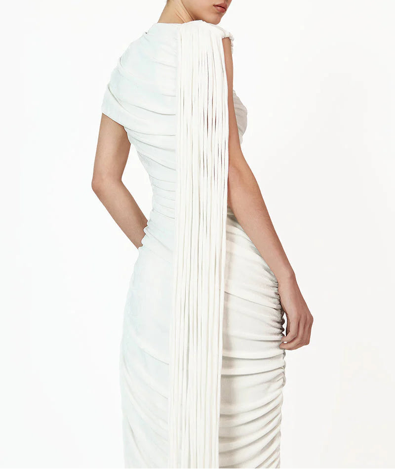ruched asymmetric gown with draped detailing – KALICIA