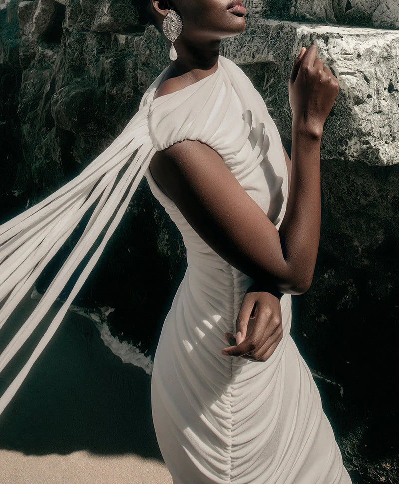 ruched asymmetric gown with draped detailing – KALICIA