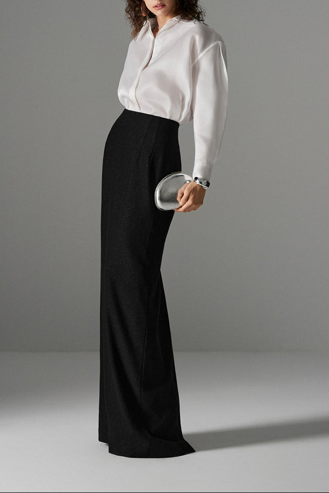 قميص حريري مع تنورة عمودية عالية الخصر – نوار