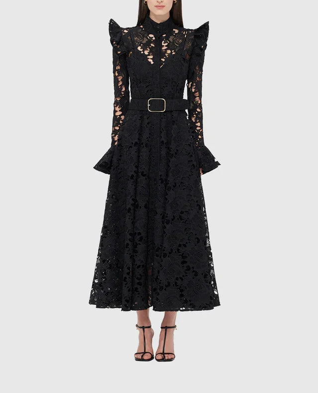 long-sleeve lace midi dress with ruffled shoulders – IVORIE