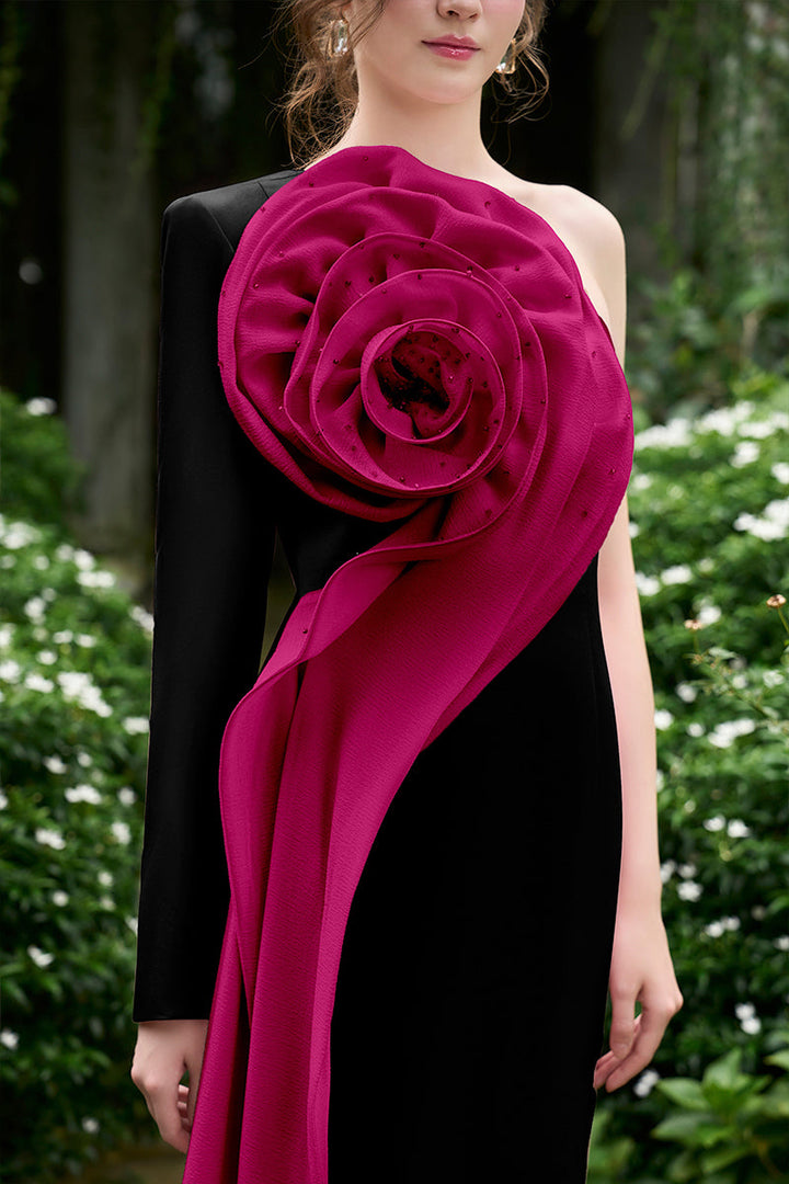 فستان بكتف واحد مع ثنيات وردية ثلاثية الأبعاد كبيرة الحجم - روزابيل