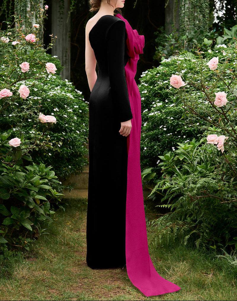 فستان بكتف واحد مع ثنيات وردية ثلاثية الأبعاد كبيرة الحجم - روزابيل