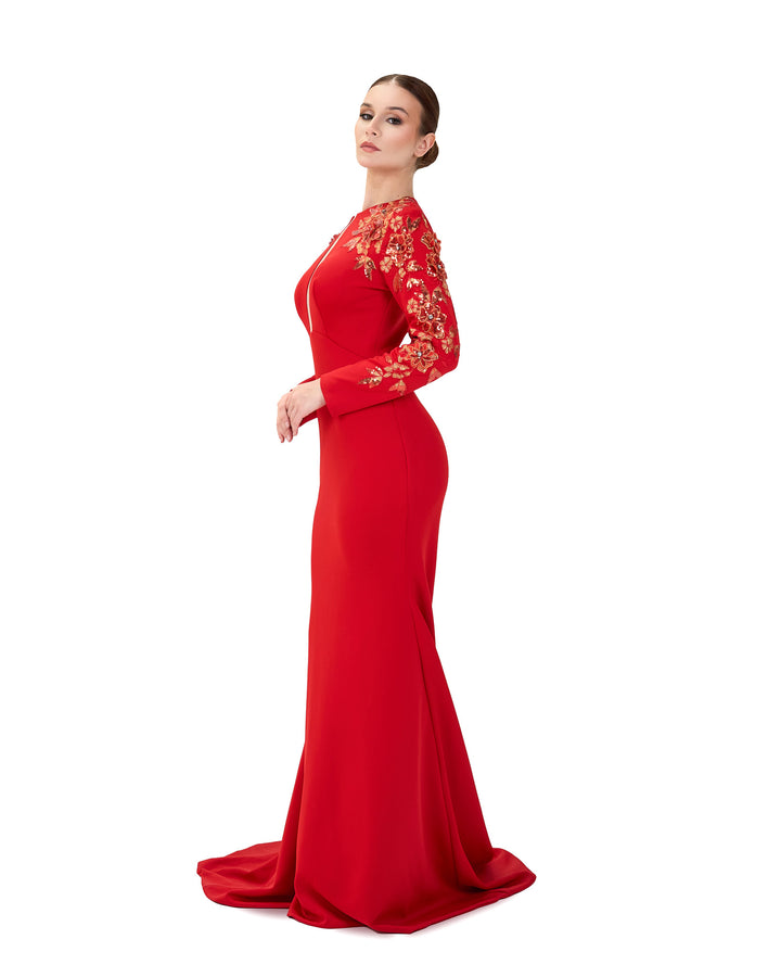 Red Floor-Length Dress with a Long Train and Sequined Sleeves