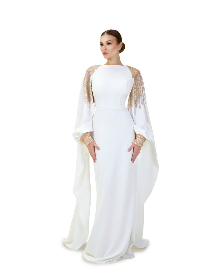 Beaded shoulders and cuffs dress with back cape-Nelda