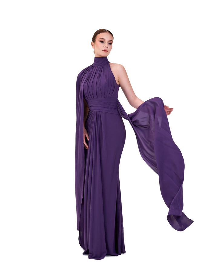 Draped shoulder off dress with cape sleeve-Tamador