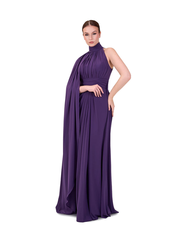 Draped shoulder off dress with cape sleeve-Tamador