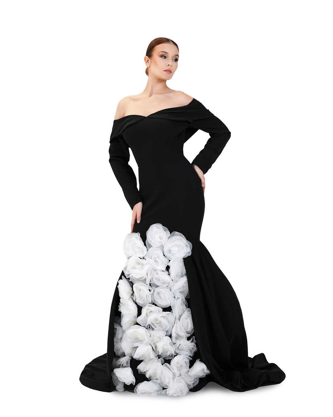 Strapless black dress with 3D flowers and a train