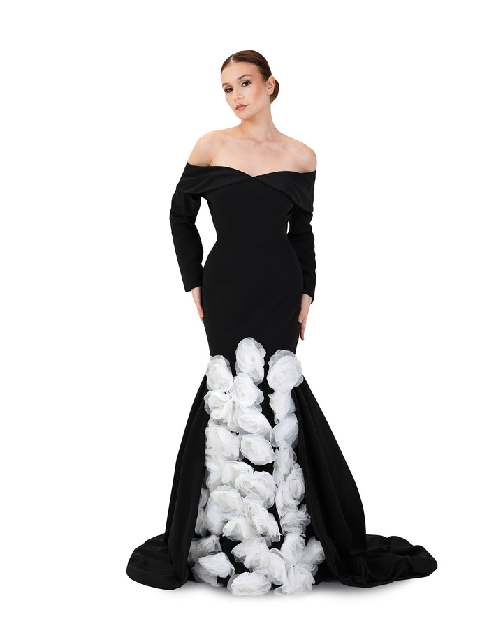 Strapless black dress with 3D flowers and a train