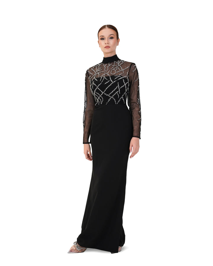 Beaded column dress with see-through top-Rumer