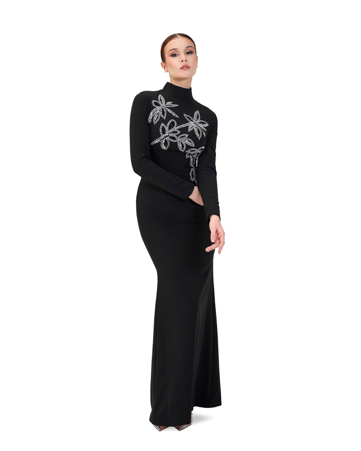 Long sleeve column dress with beaded flowers-Itab