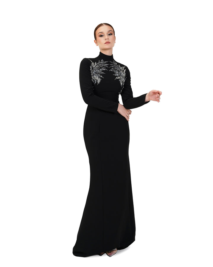 High neck - long sleeve dress with beaded chest-Sadem