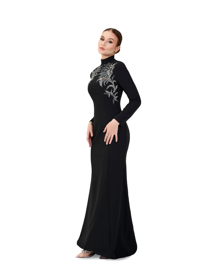 High neck - long sleeve dress with beaded chest-Sadem