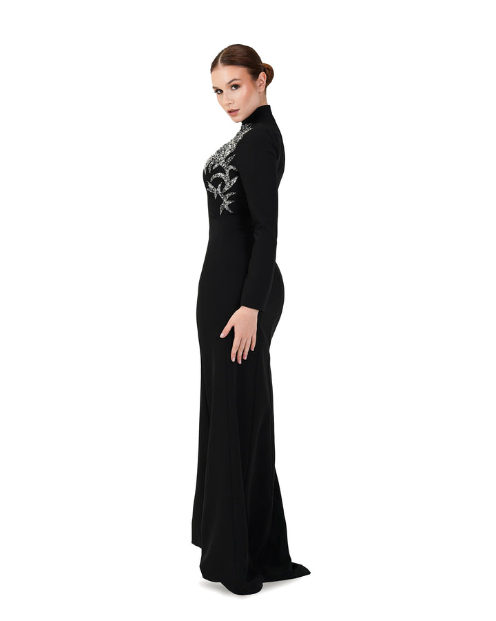 High neck - long sleeve dress with beaded chest-Sadem