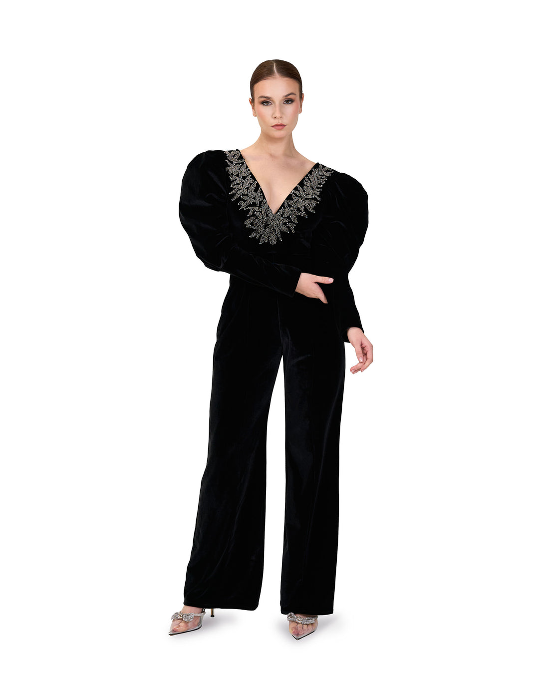 Beaded velvet Jumpsuit with V neckline-Merry