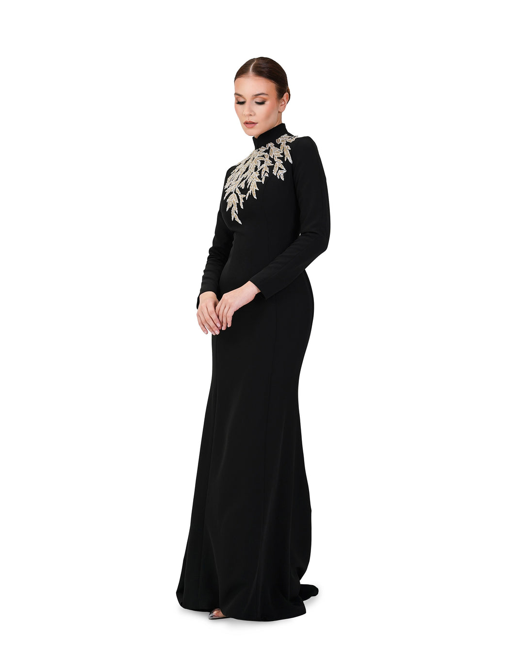 Long sleeve column dress with beaded leaves-Almaah